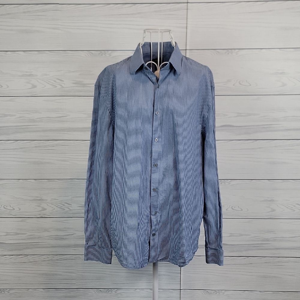 Express Slim Fit Navy Pinstripe Button Down Dress Shirt Mens Size L